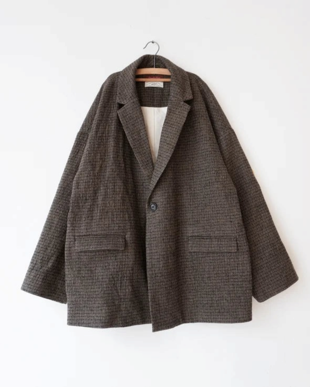 Veste tailleur Merci Paris Dopple & Scent à carreaux moka, coupe ample en mélange de coton et laine, fermeture un bouton