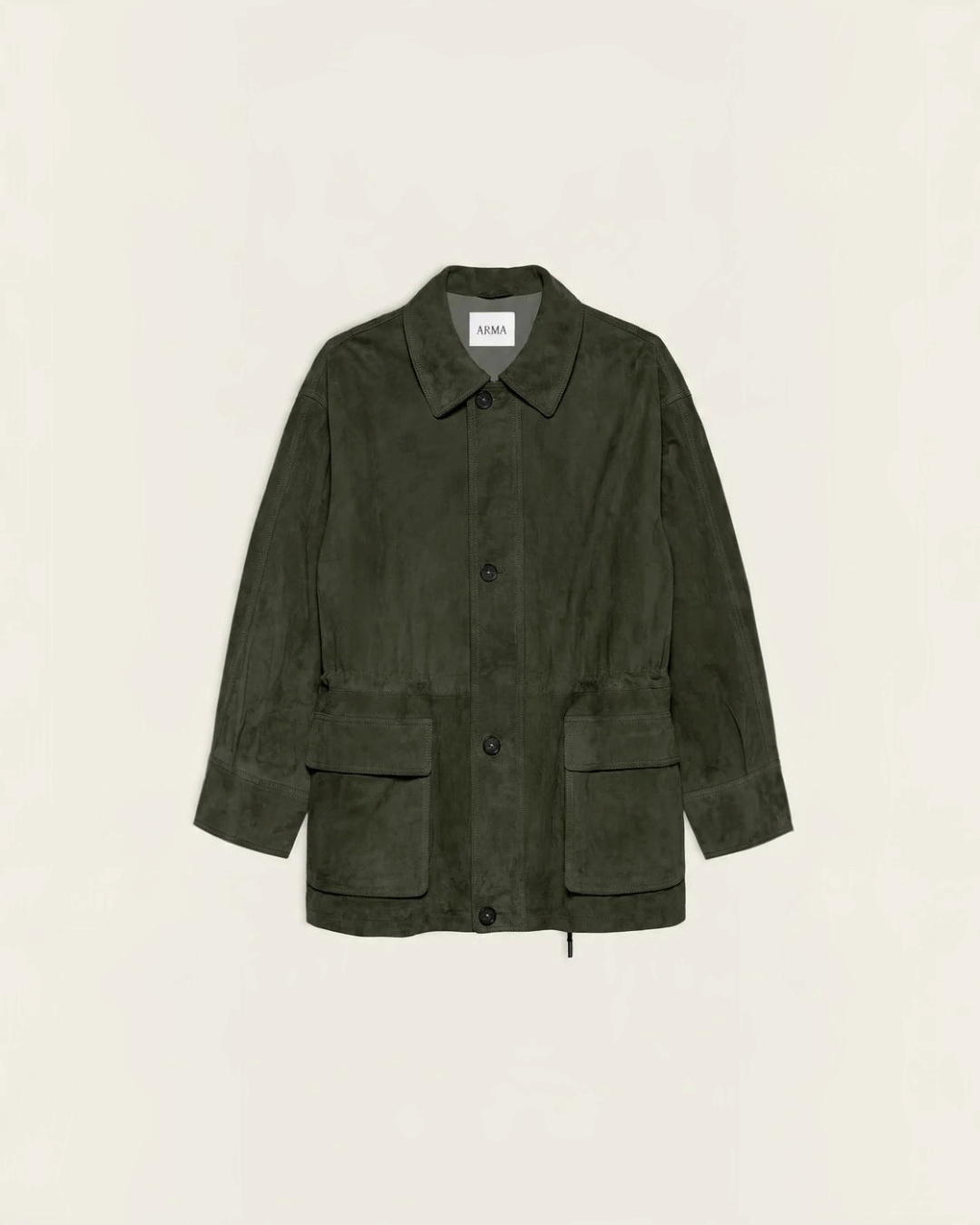 Veste Merci Paris Arma Maeve en daim d'agneau vert foncé avec poches à rabat et cordon de serrage à la taille