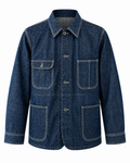 Veste de travail Merci Paris Coherence Jackson en denim selvedge bleu avec poches plaquées et surpiqûres contrastées