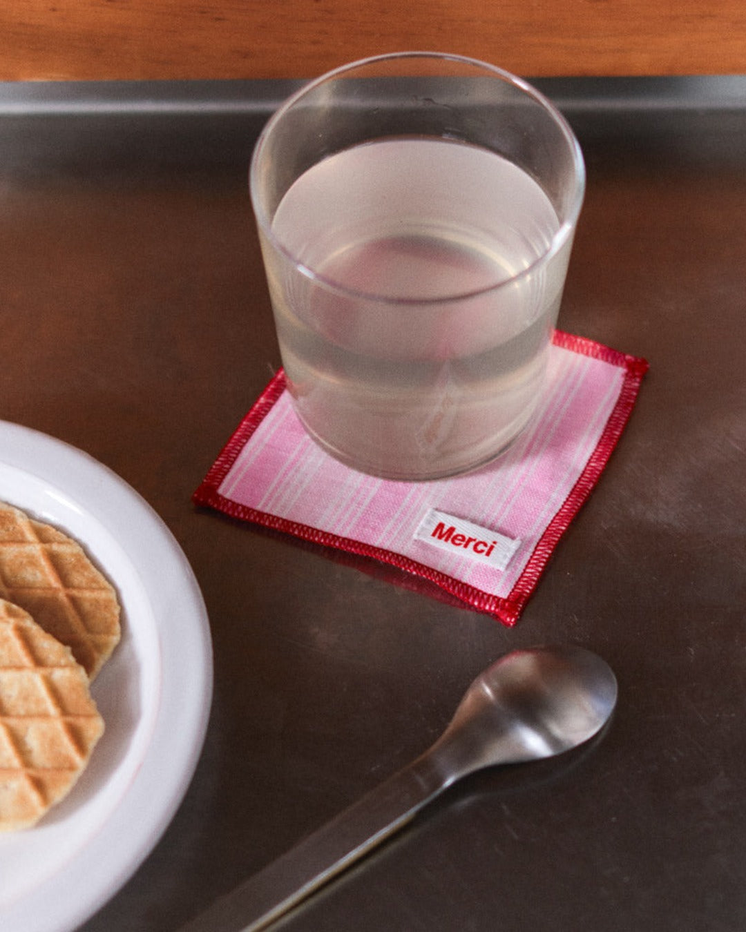 Merci - Set of 6 washed linen coasters - Pink Weft Stripes