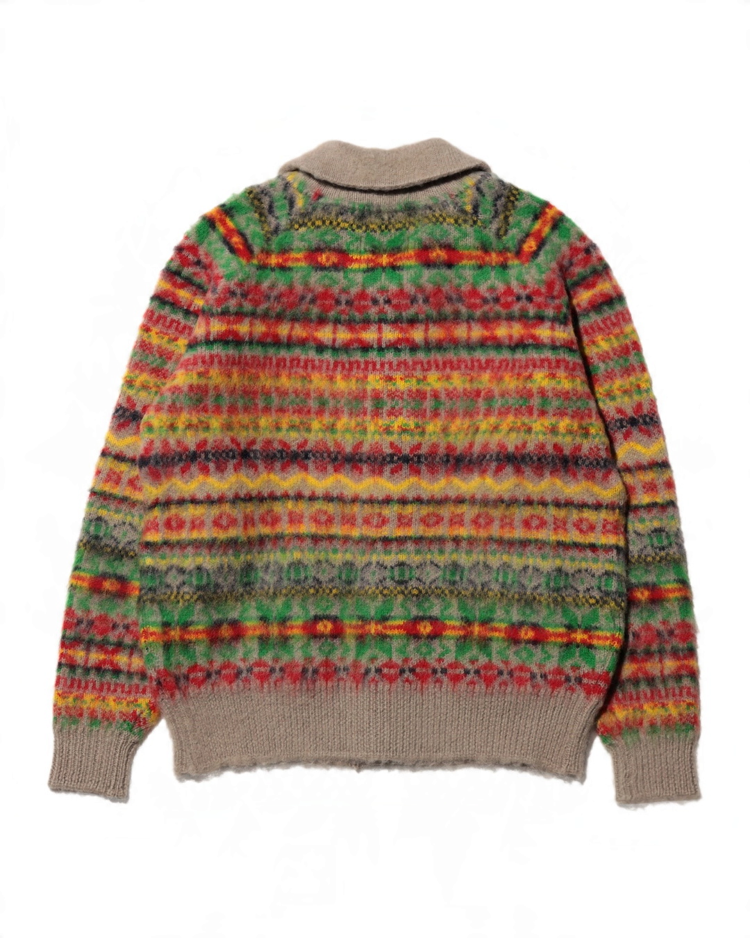 Cardigan Merci Paris Beams Plus en laine brossée à motif Fair Isle multicolore avec col et bord-côtes beige taupe