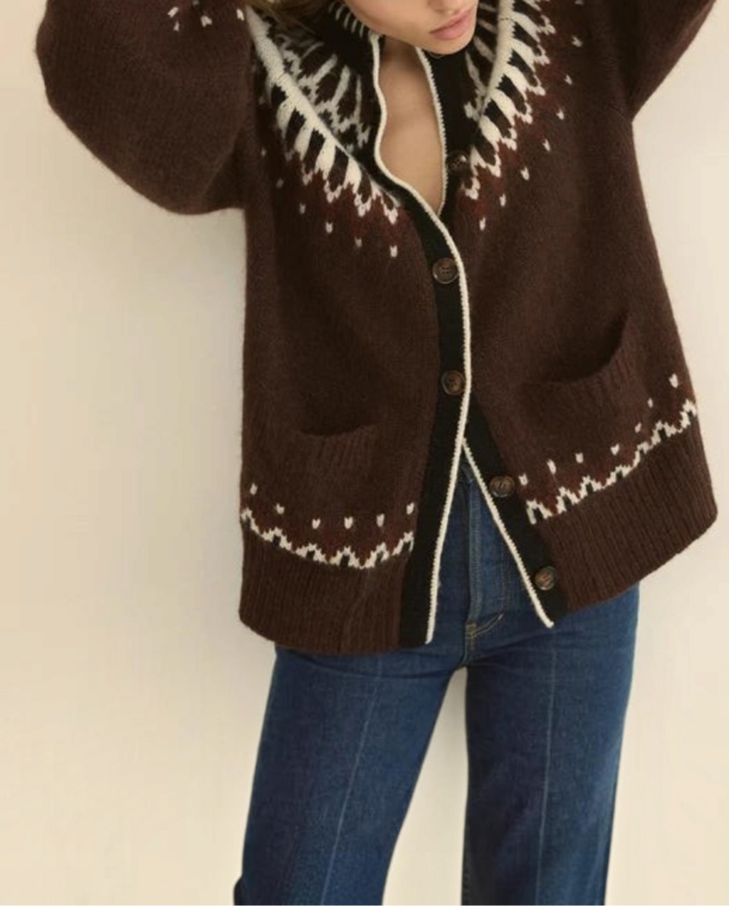 Cardigan Merci Paris Dôen Hue marron en maille d'alpaga avec motif jacquard Fair Isle et poches plaquées