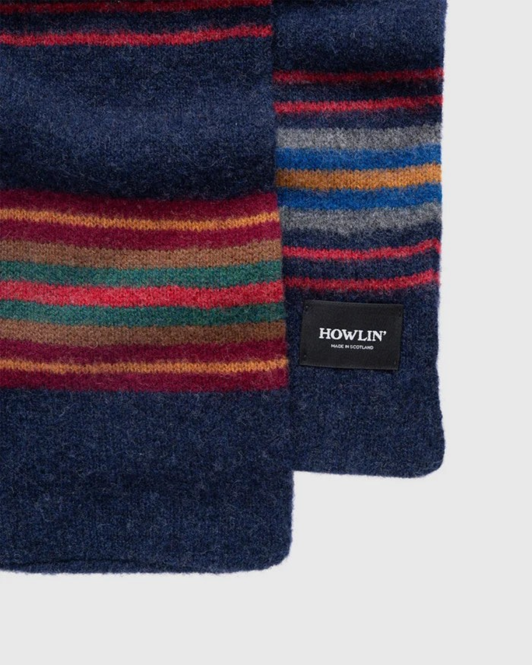 Écharpe Merci Paris Howlin' College Fun en laine d'agneau bleue à rayures multicolores et finition brossée
