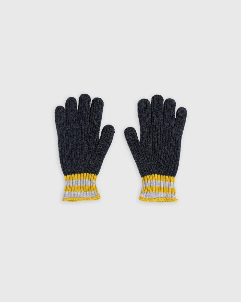 Gants Merci Paris Howlin' en laine d'agneau anthracite à maille côtelée avec poignets rayés jaunes et gris