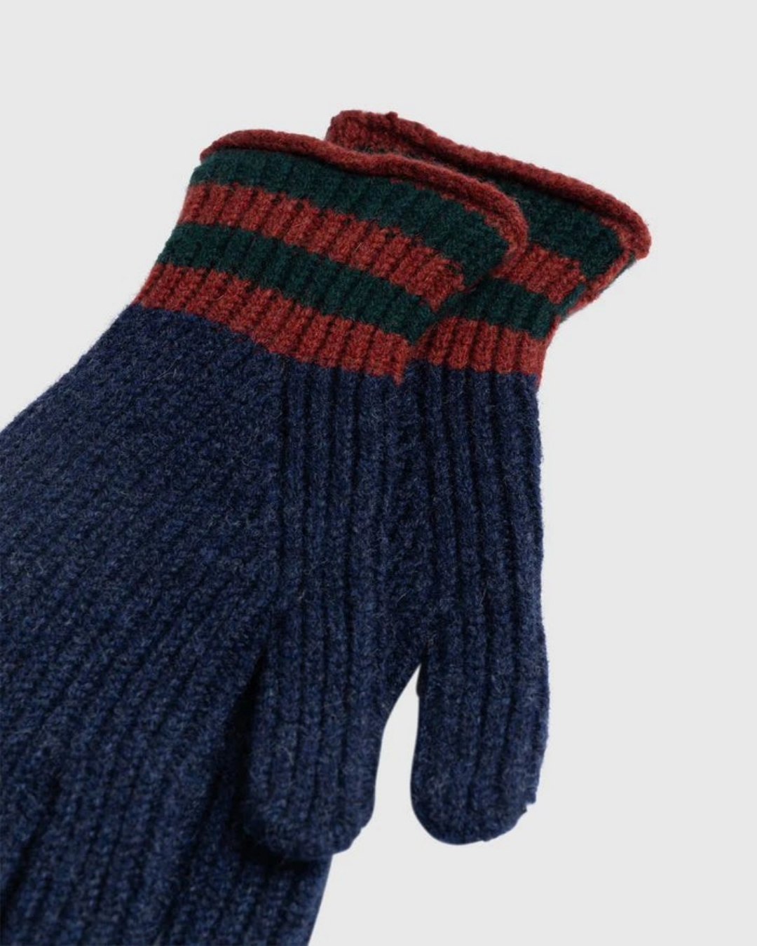 Gants Merci Paris Howlin' en laine d'agneau bleu marine avec maille côtelée et poignets rayés rouge et vert