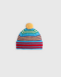 Bonnet Merci Paris Howlin' en laine d'agneau bleue à rayures multicolores avec pompon jaune sur le dessus