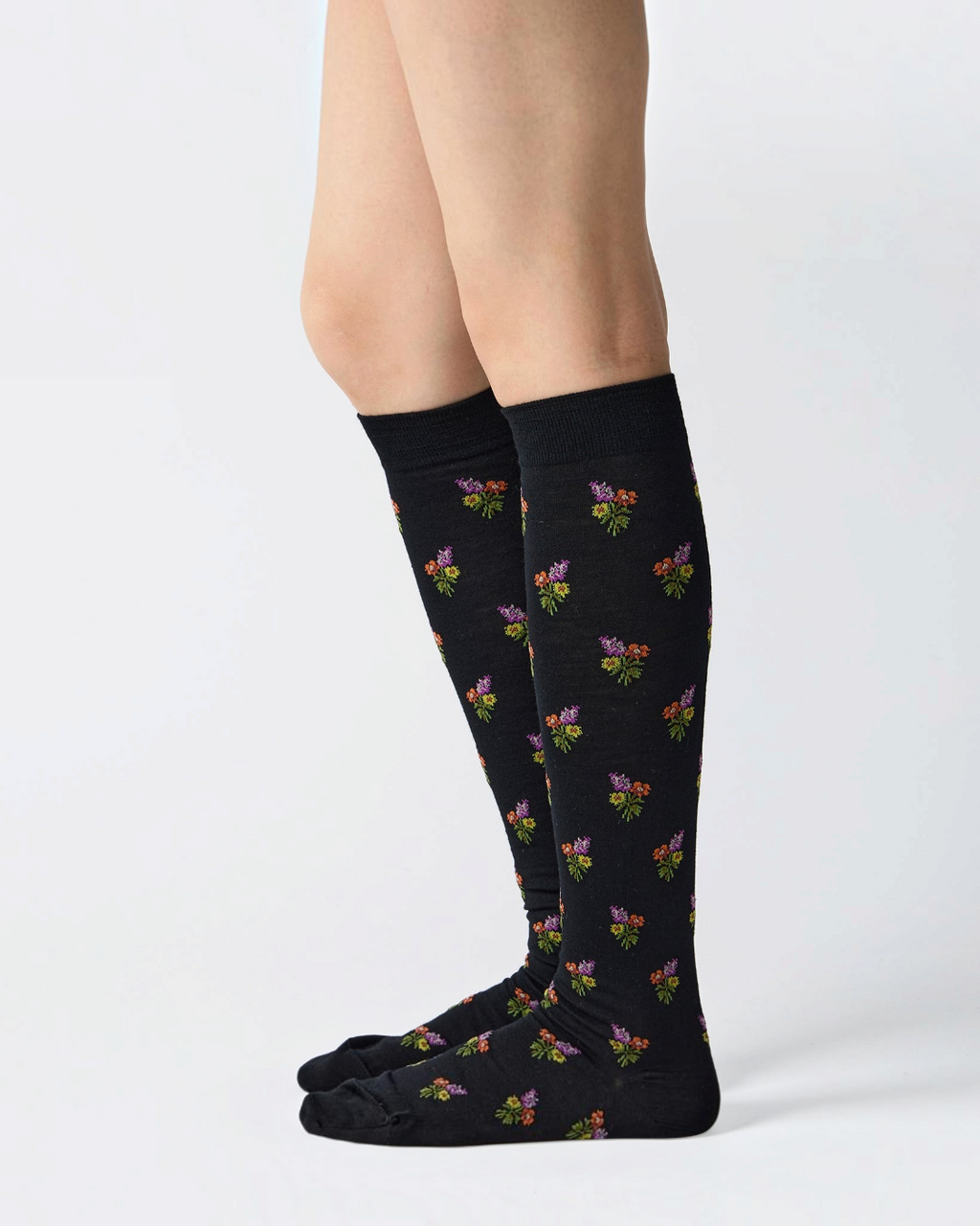 High socks Merci Paris Babaco black wool and nylon with pattern of small bouquets of colorful flowers