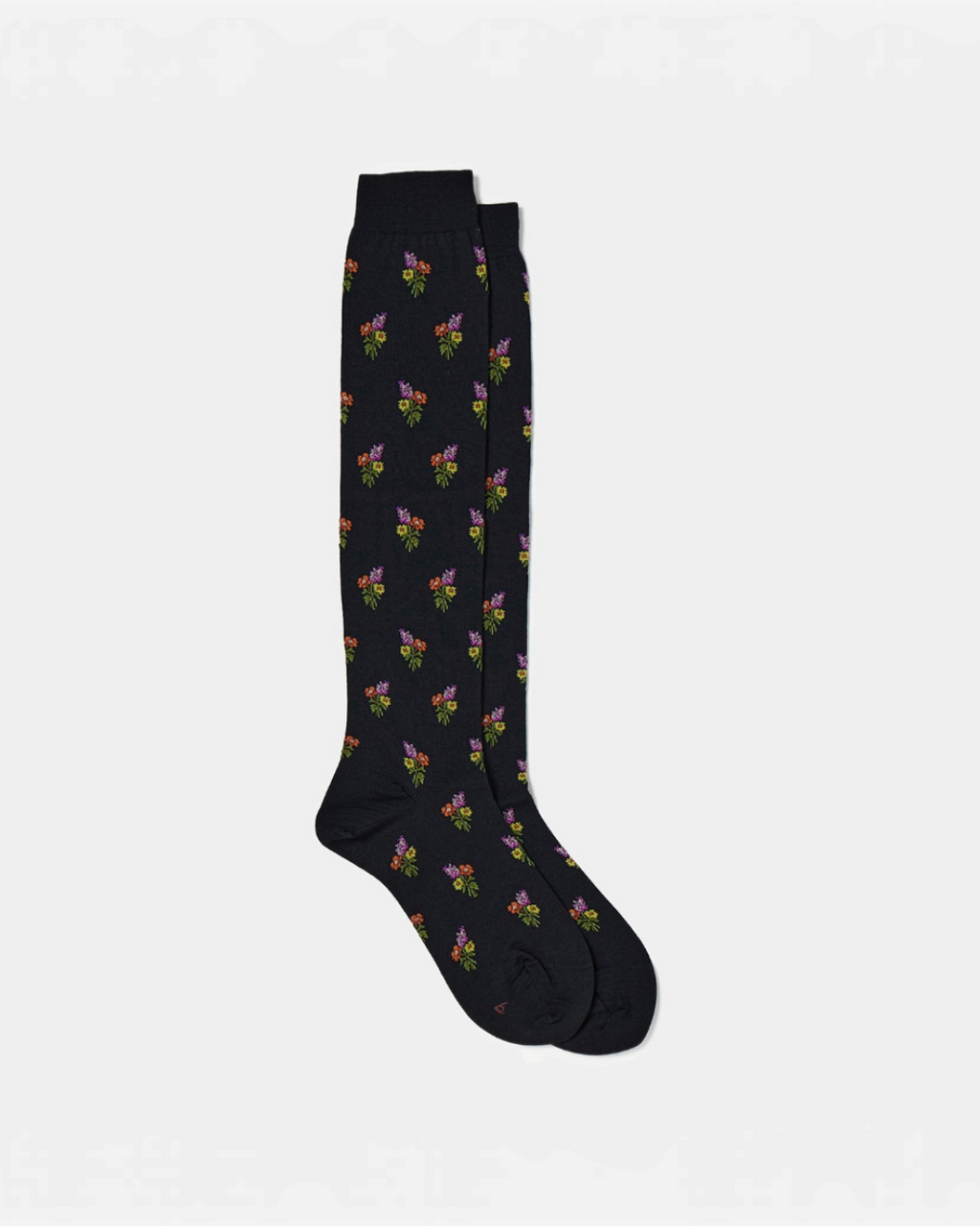 High socks Merci Paris Babaco in black wool with floral pattern of small colorful bouquets