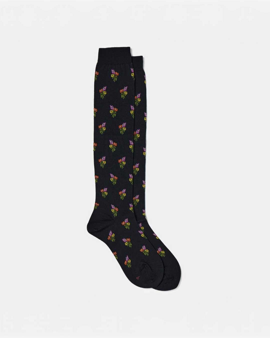 High socks Merci Paris Babaco in black wool with floral pattern of small colorful bouquets