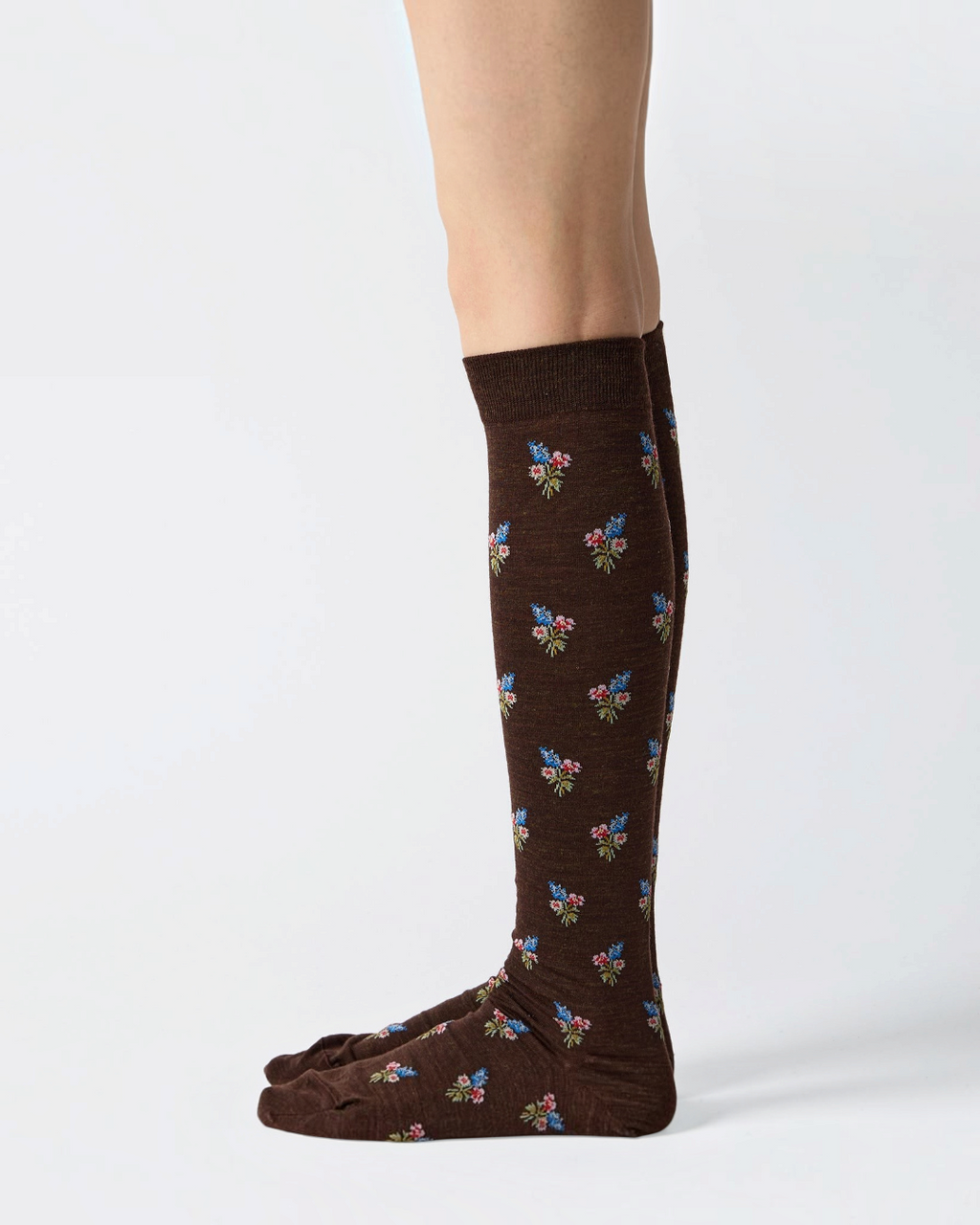 High socks Merci Paris Babaco in brown wool with floral pattern of small bouquets of colorful flowers