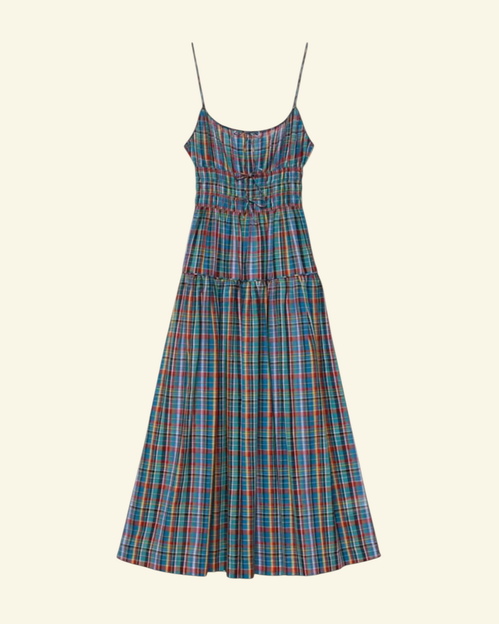 MIDI dress Merci Paris Dôen Brielle in organic cotton bleu checked with thin straps and elasticated bust