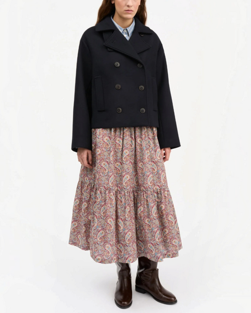 Short navy jacket in recycled wool Skall Studio for Merci Paris, double-breasted cut with stand-up collar and buttons