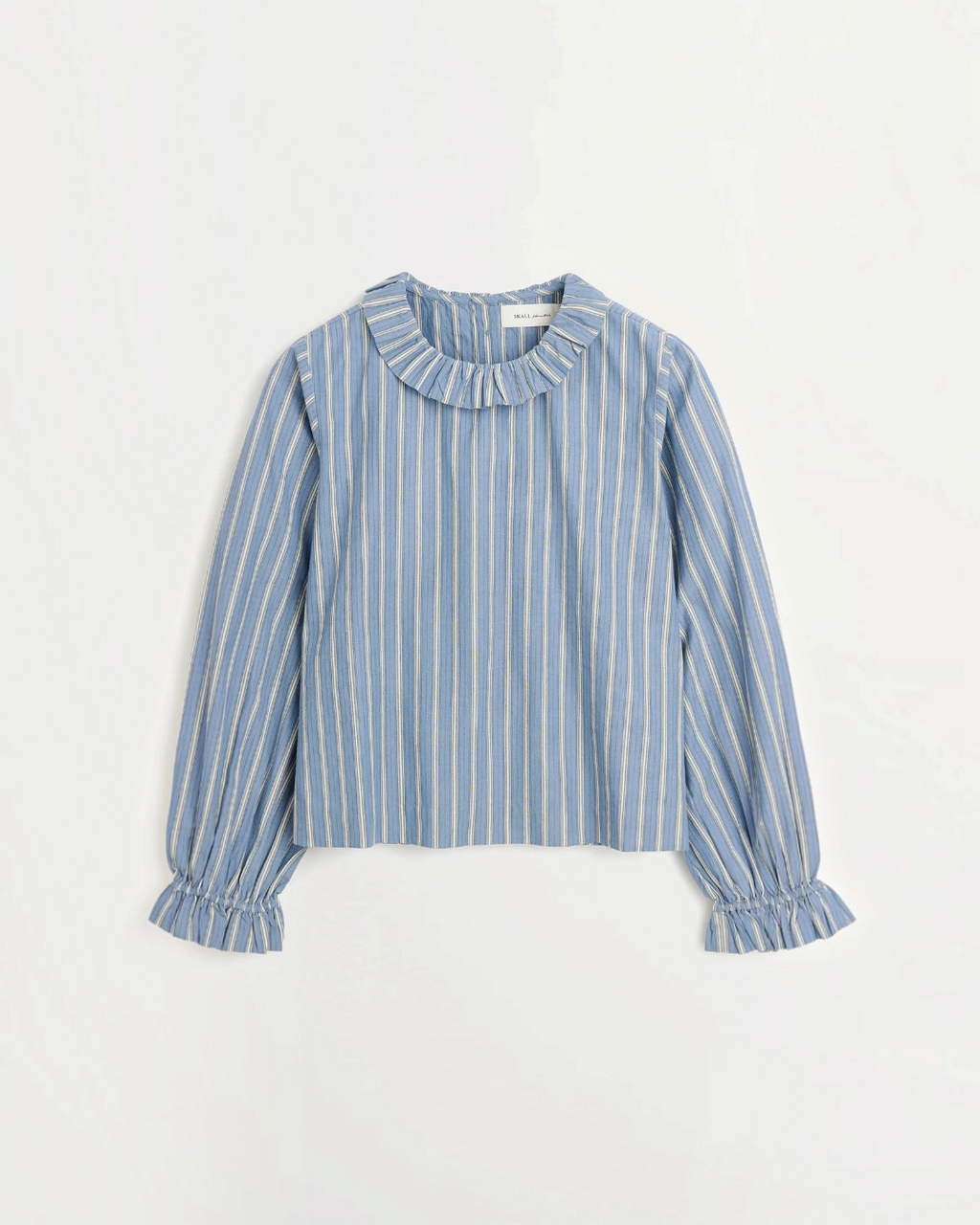 Blouse Merci Paris Skall Studio en coton biologique bleu à rayures avec col et poignets à volants