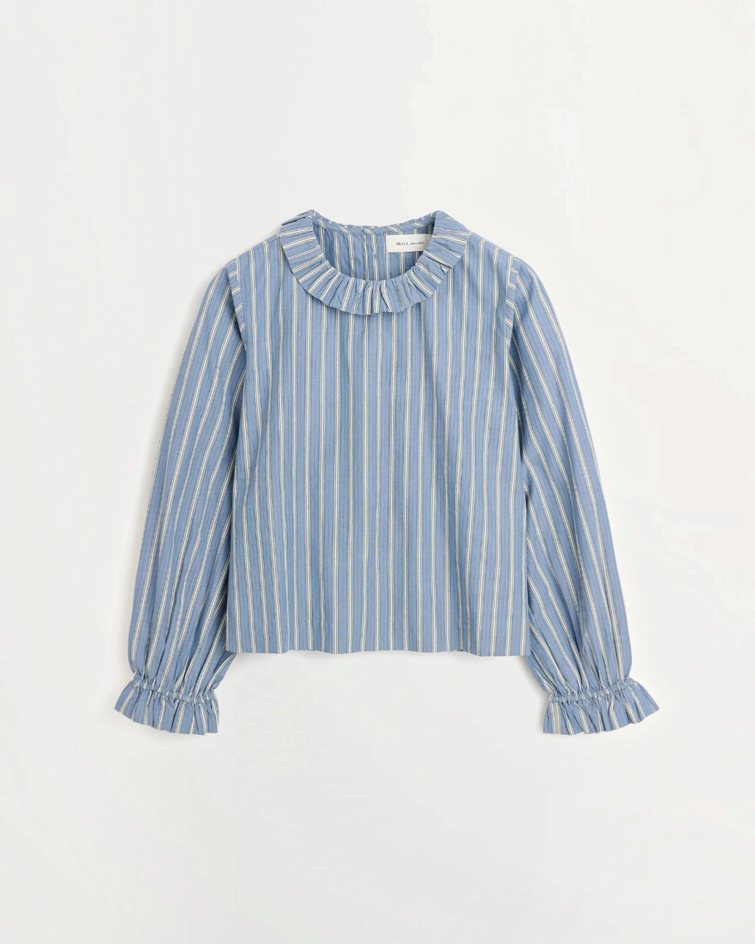 Blouse Merci Paris Skall Studio en coton biologique bleu à rayures avec col et poignets à volants