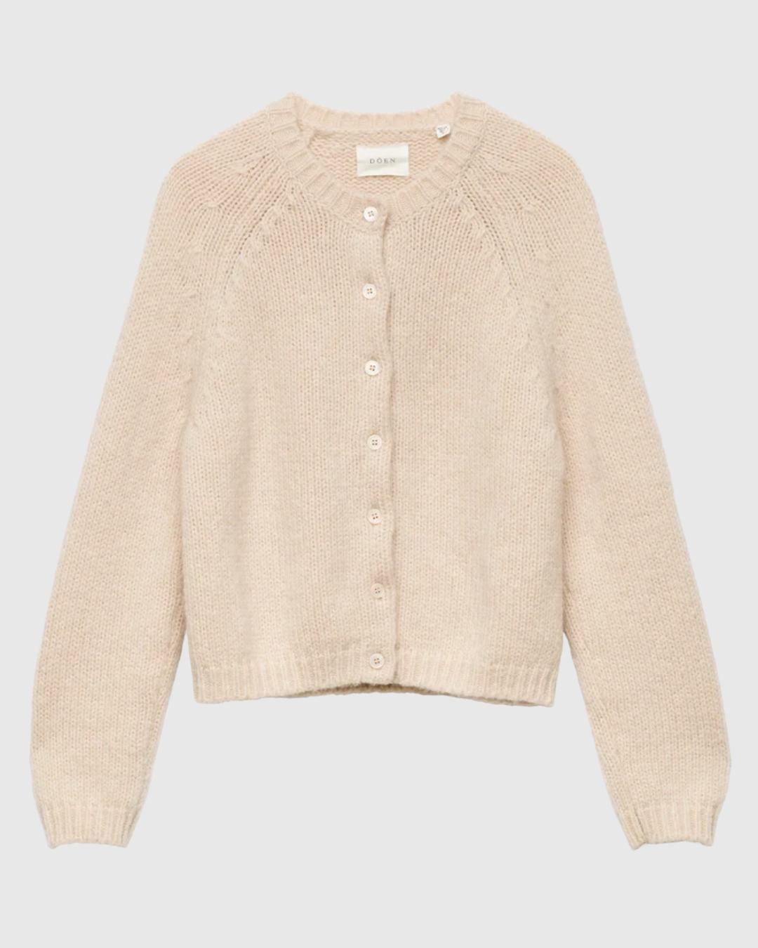 Cardigan Darcy beige Merci Paris en laine mérinos et cachemire avec col rond et boutons en coquillage
