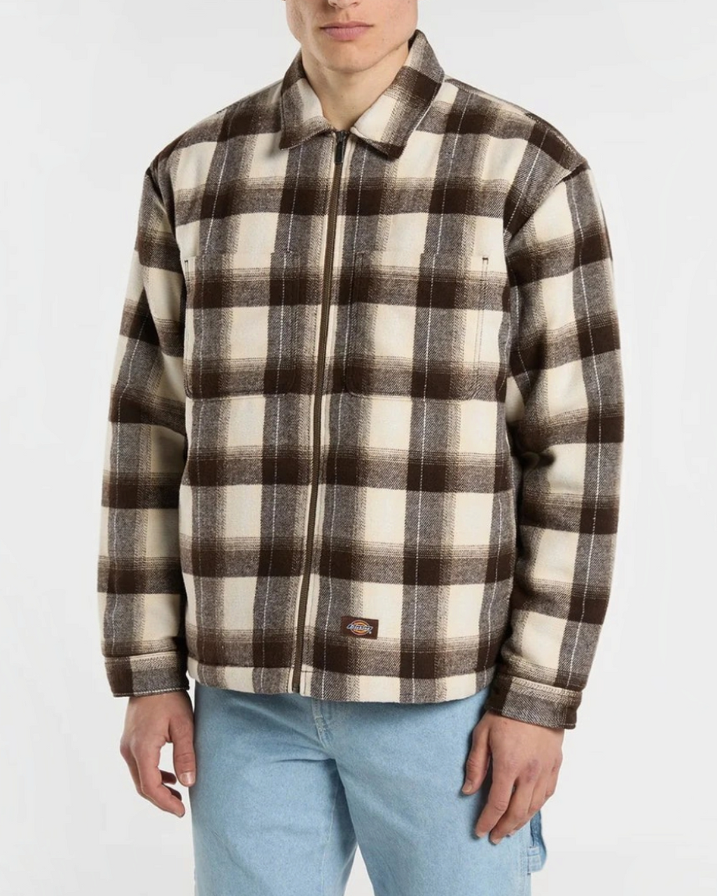 Brown check shirt jacket Dickies in brushed cotton flannel worn by a man on a white background