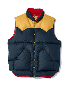 Gilet en duvet Merci Paris Rocky Mountain bleu marine et jaune avec empiècement en cuir et boutons pression dorés