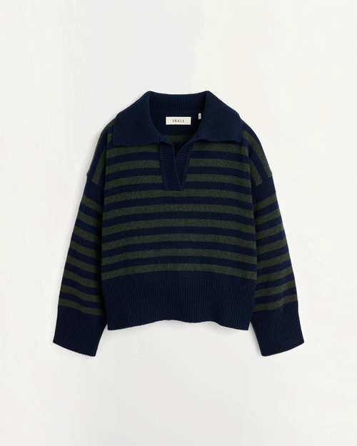 Sweater Merci Paris Skall Studio Dean striped merino wool bleu navy and green striped merino wool with V-neck and loose fit