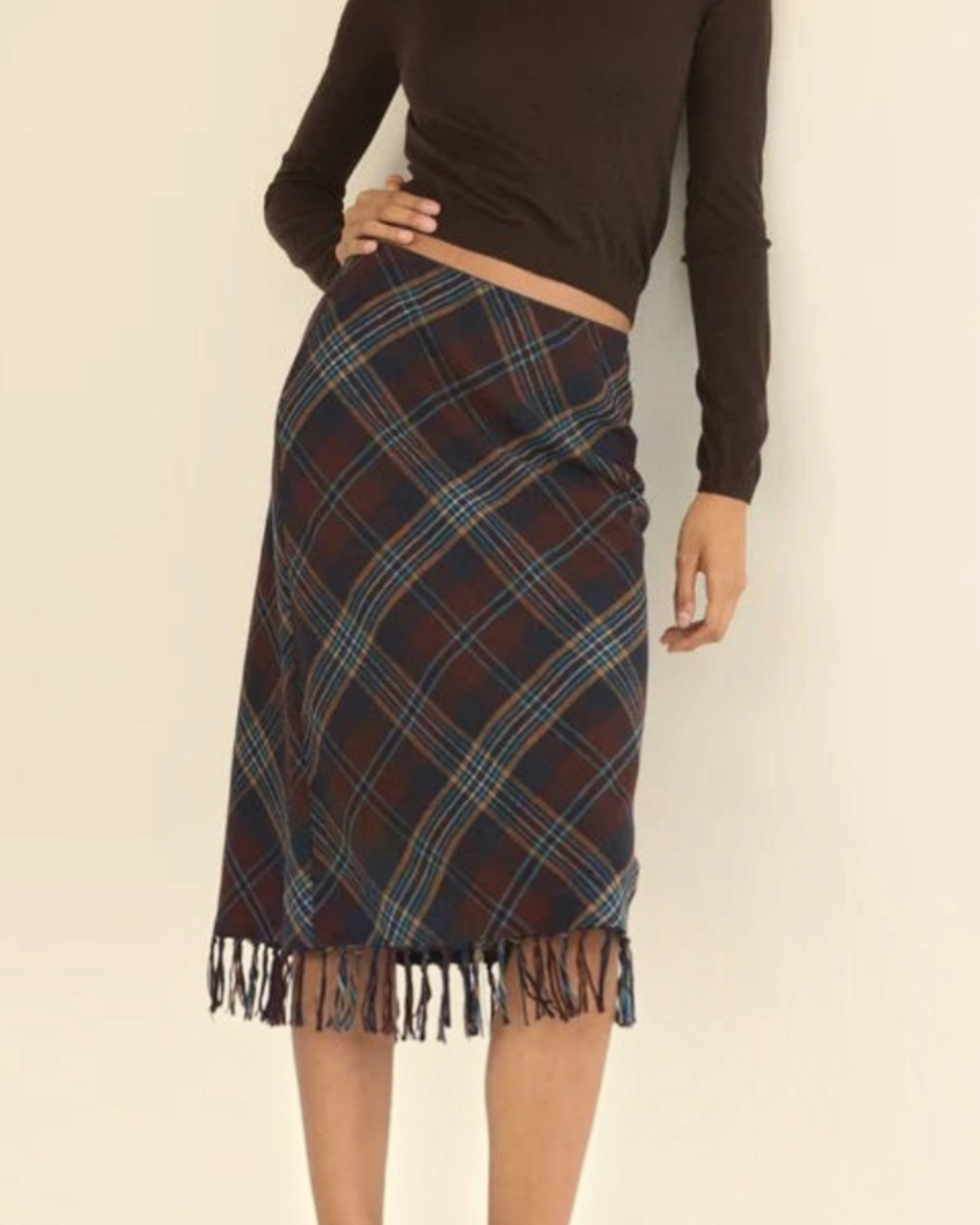 MIDI skirt Merci Paris Dôen Elowette in vintage check brown wool blend with fringe hem knotted