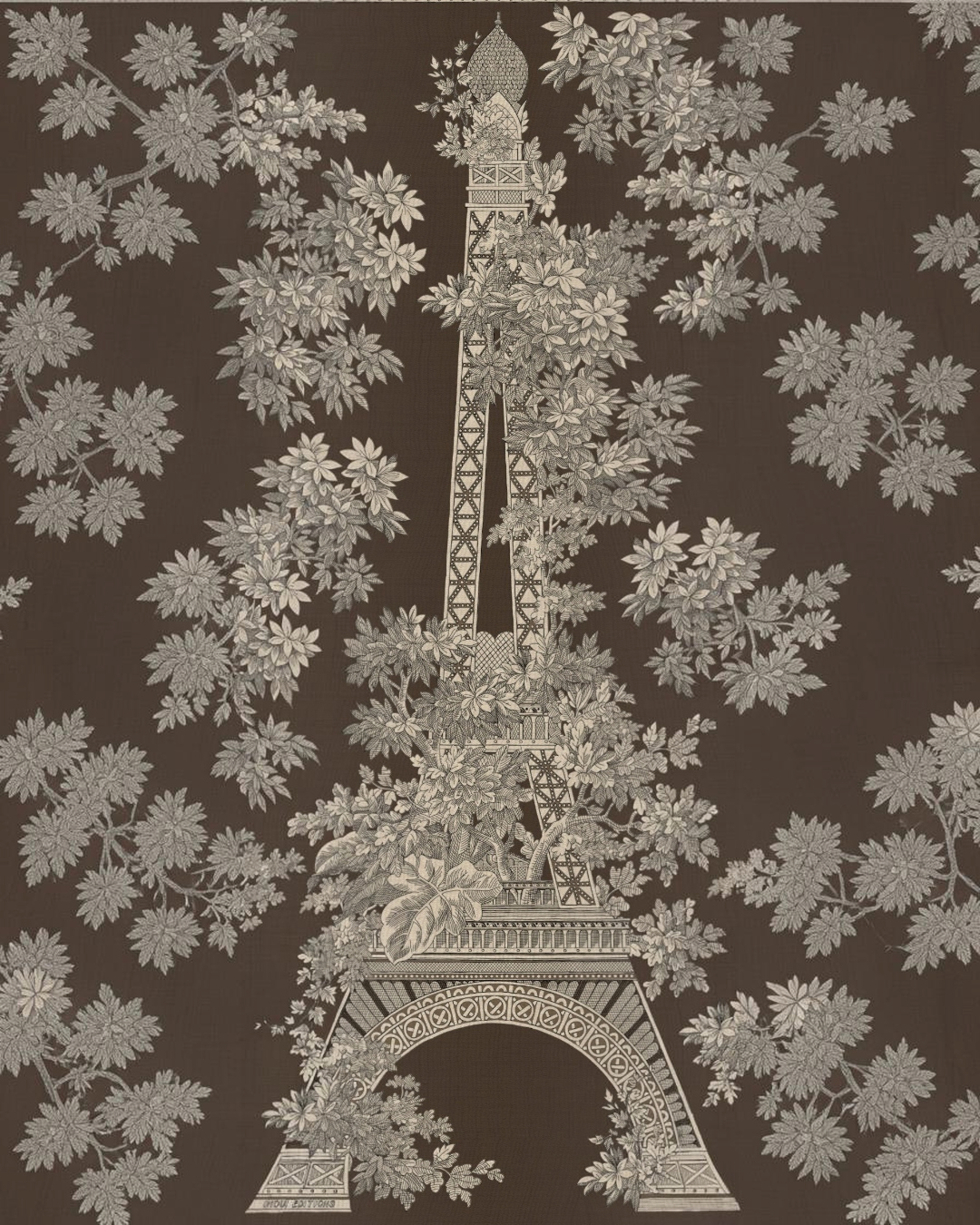 Écharpe Merci Paris Inoui Editions en laine marron avec motif illustré de la tour Eiffel dans un décor végétal
