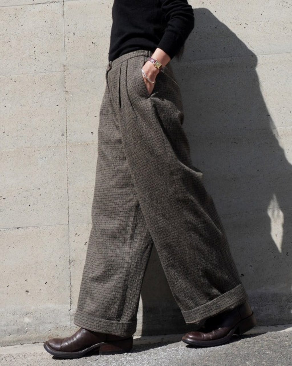 Pantalon large Merci Paris Dopple & Scent Atelier Tuck à carreaux moka en mélange de coton et laine plissé