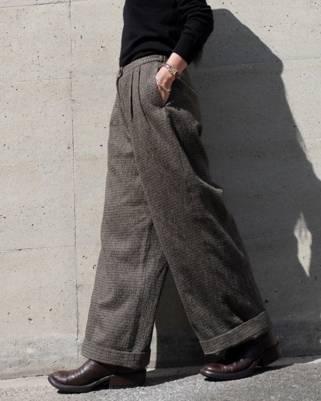 Pantalon large Merci Paris Dopple & Scent Atelier Tuck à carreaux moka en mélange de coton et laine plissé