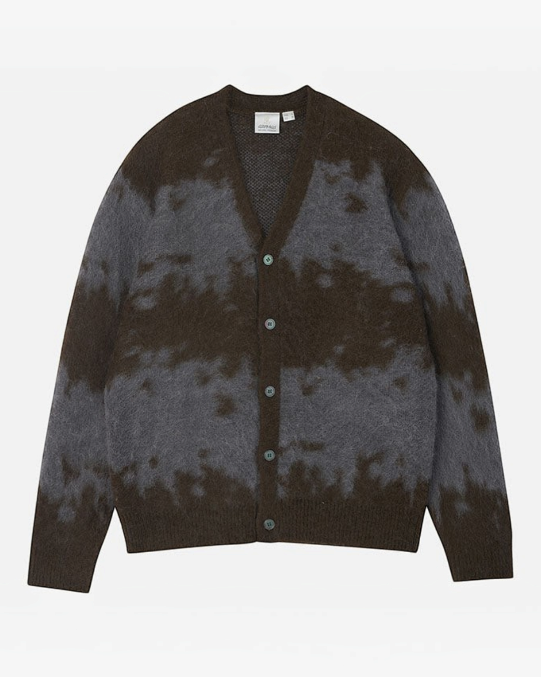 Cardigan Merci Paris Gramicci en maille mohair gris et marron avec motif éclaboussures et fermeture boutonnée