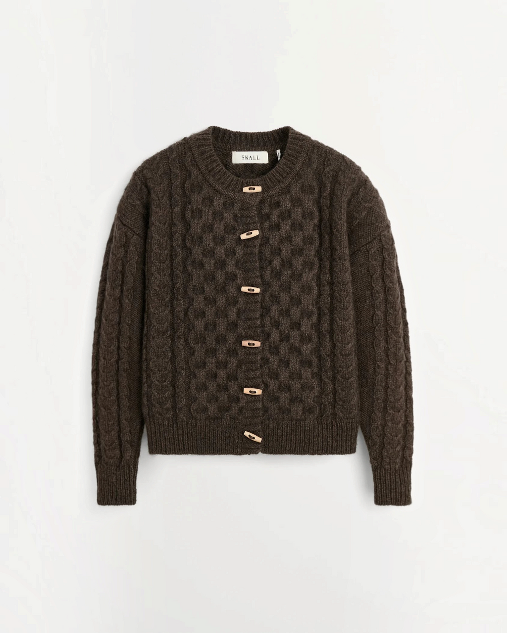 Dark brown wool Merci Paris cardigan with cable knit, round neck and contrasting wooden buttons