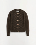 Dark brown wool Merci Paris cardigan with cable knit, round neck and contrasting wooden buttons