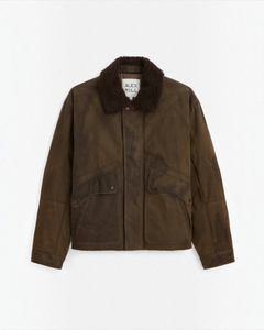 Blouson Smith Merci Paris par Alex Mill en toile de coton cirée marron avec col en sherpa amovible