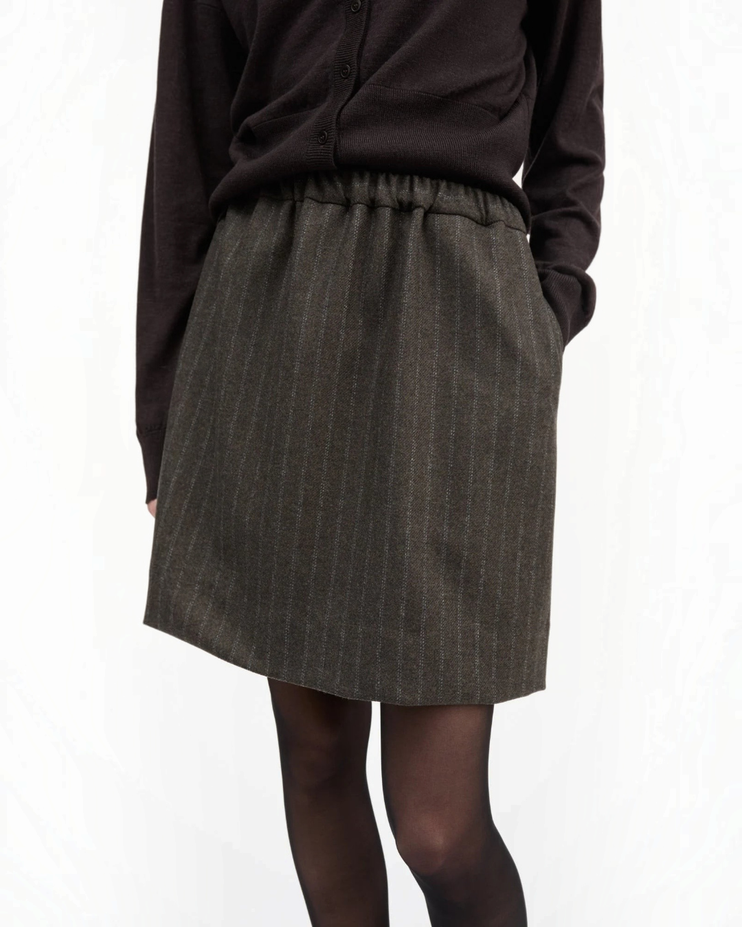 Short skirt Merci Paris Skall Studio in brown recycled wool with fine black stripes with elasticated waist