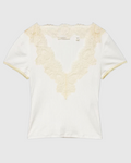 T-shirt Nalia blanc Merci Paris en coton biologique côtelé avec décolleté en V profond et détails en dentelle crème