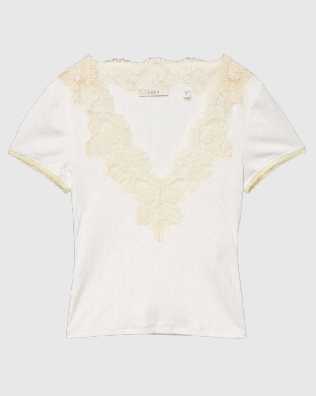 T-shirt Nalia blanc Merci Paris en coton biologique côtelé avec décolleté en V profond et détails en dentelle crème