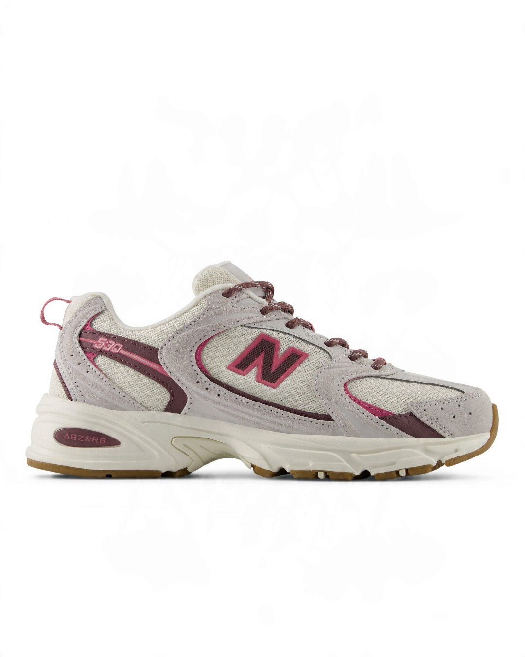 Baskets New Balance 530 Merci Paris en mesh gris et détails rose foncé, style running rétro avec semelle ABZORB