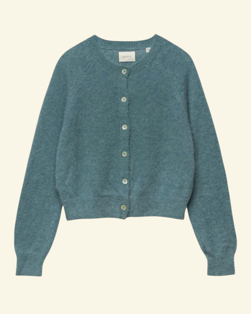 Cardigan bleu Dôen Petra en mélange d'alpaga et laine mérinos avec boutons en coquillage et finitions côtelées
