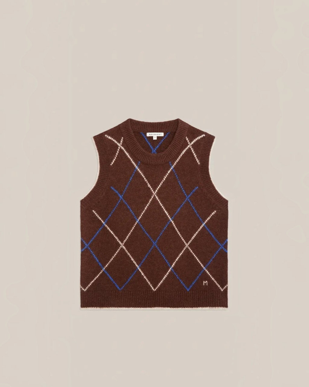 Pull sans manches Merci Paris Moismont Eddy en maille d'alpaga marron avec motif arlequin bleu et blanc