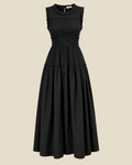 Robe midi noire Merci Paris Dôen Mallory en popeline de coton biologique avec buste smocké et jupe ample froncée