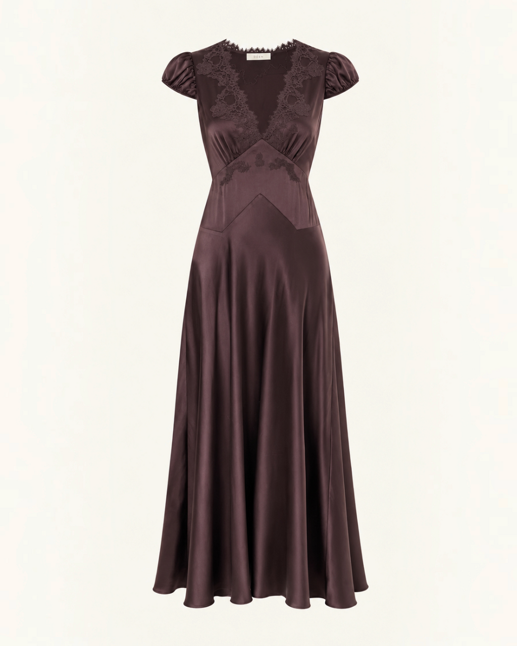 Robe midi Merci Paris Dôen Coraline en satin de soie rouge foncé avec décolleté en V et détails en dentelle