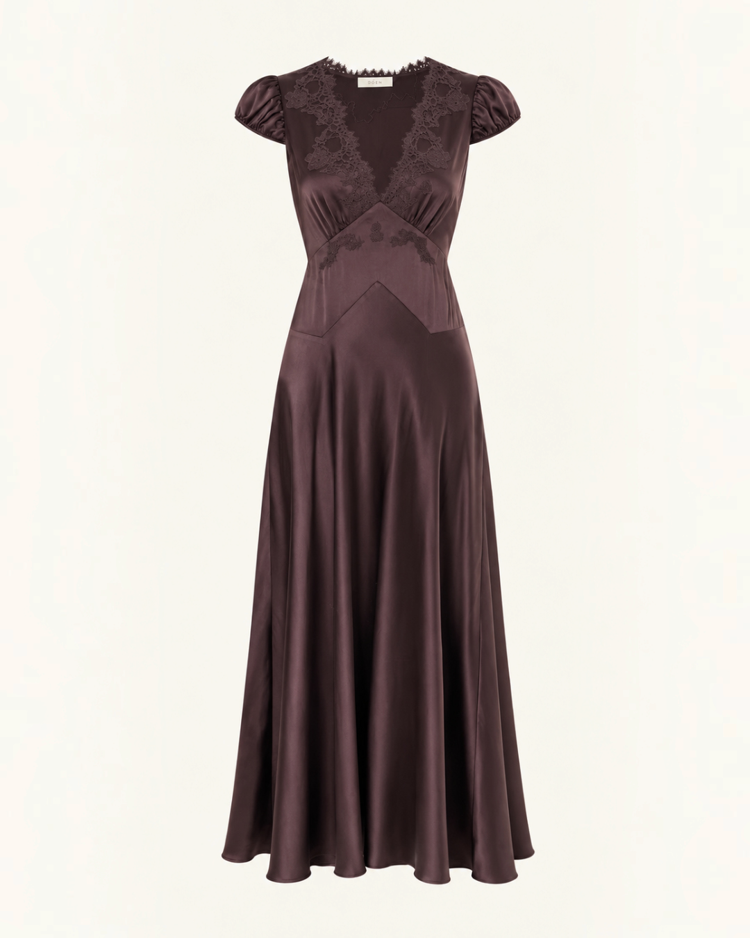 Robe midi Merci Paris Dôen Coraline en satin de soie rouge foncé avec décolleté en V et détails en dentelle
