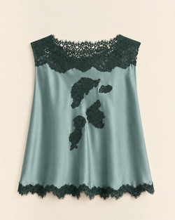 Top Merci Paris Dôen Green Valerina in silk satin with dark floral lace details on the bust and hem