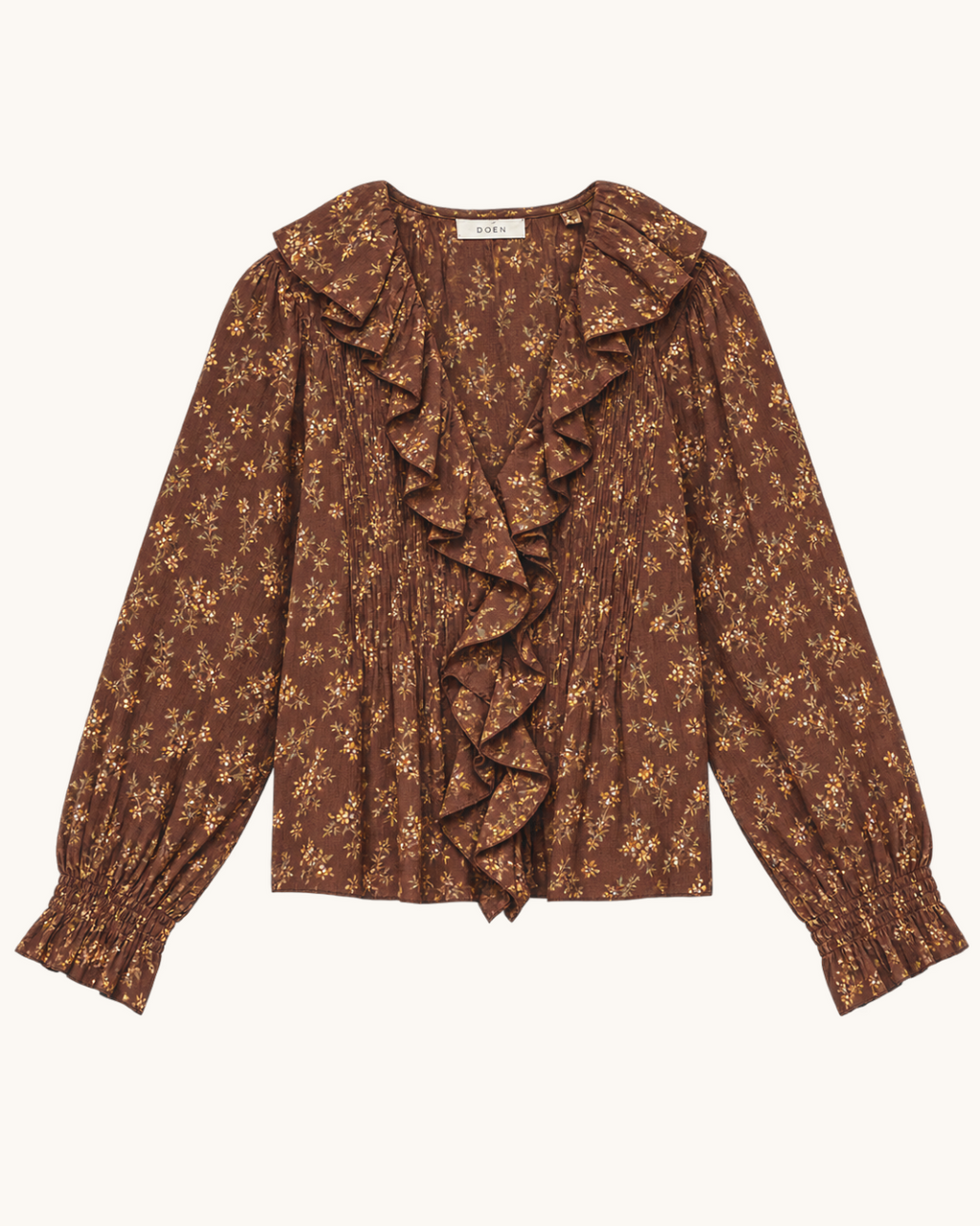 Blouse Merci Paris Dôen Hardy marron en coton biologique avec imprimé floral, col volanté et manches longues