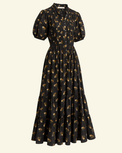 Robe midi Merci Paris Dôen Haleigh noire à fleurs, col montant volanté, manches bouffantes et jupe à volants étagés.