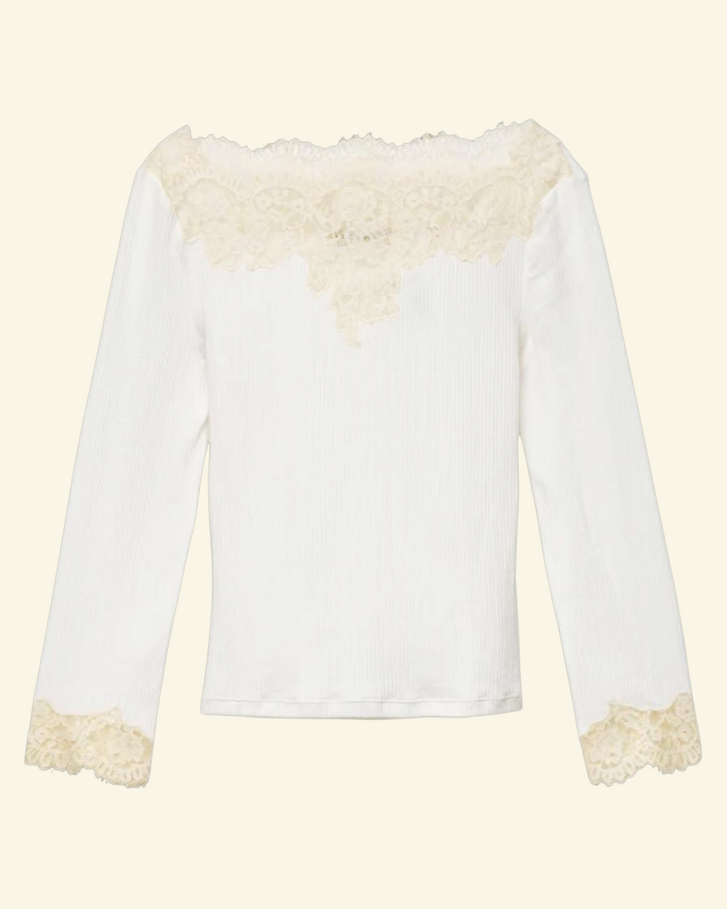 T-shirt blanc Merci Paris Dôen Riana en coton côtelé avec encolure bateau et poignets ornés de dentelle délicate