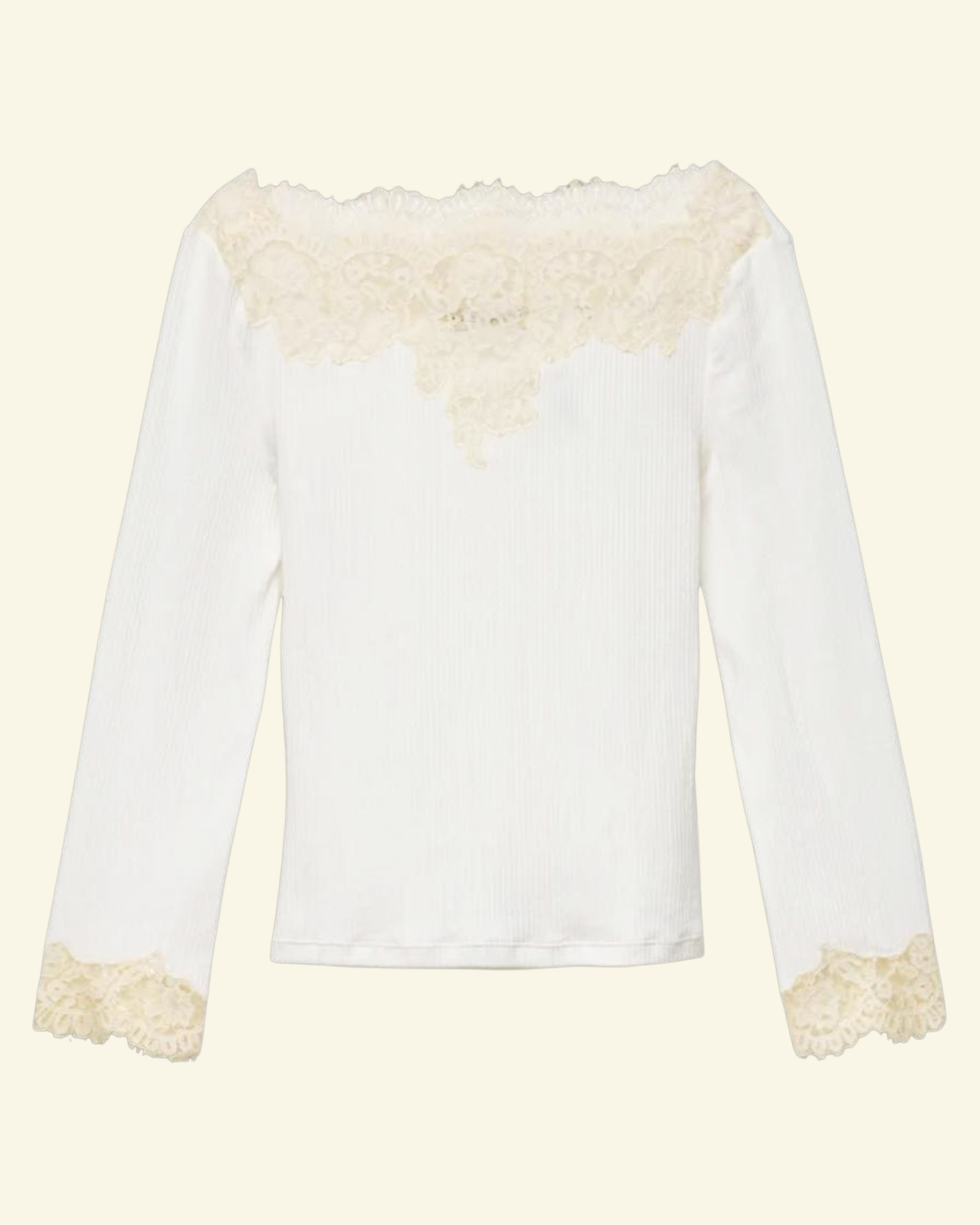 T-shirt blanc Merci Paris Dôen Riana en coton côtelé avec encolure bateau et poignets ornés de dentelle délicate