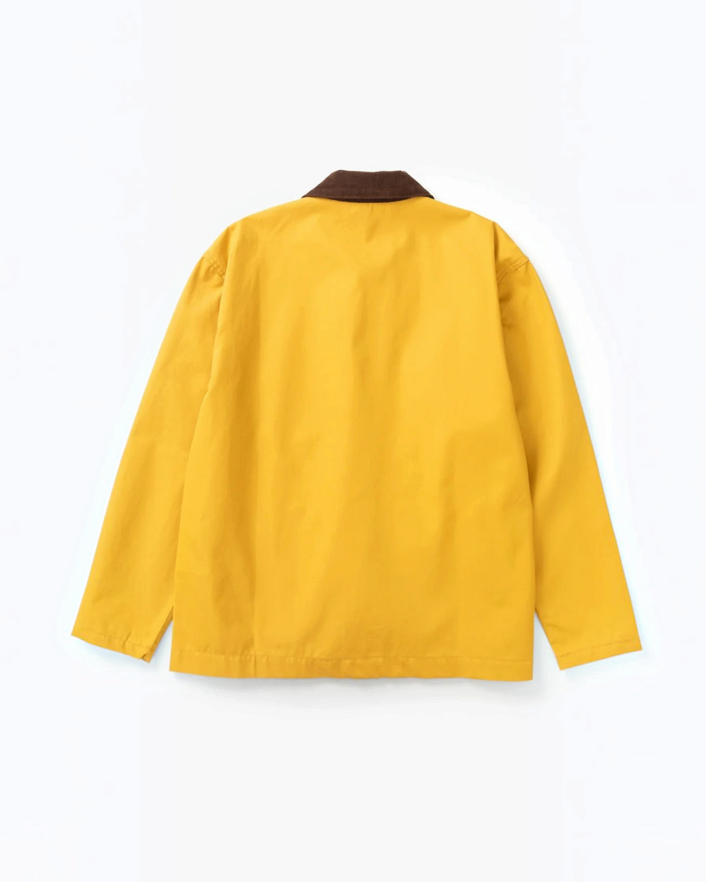 Vue arrière de la veste cirée jaune Service Works de Merci Paris avec col en velours côtelé marron contrastant.