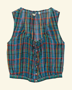Blouse sans manches Merci Paris Dôen Theo en voile de coton biologique à carreaux multicolores avec boutons en nacre