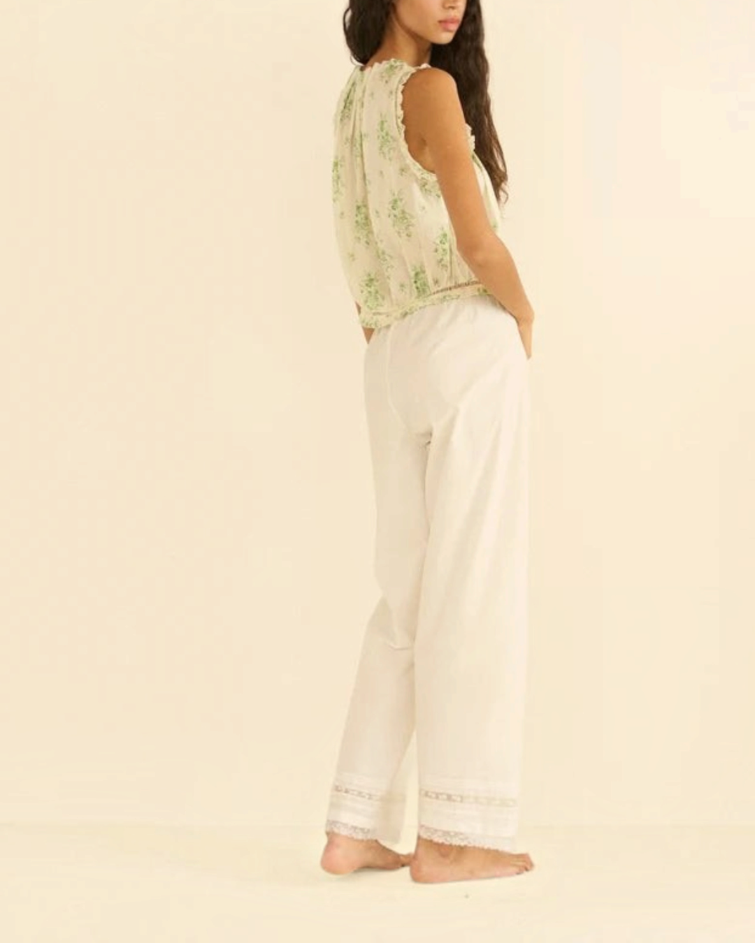 Blouse sans manches Merci Paris Dôen en coton biologique vert à motif floral avec finitions en dentelle picot