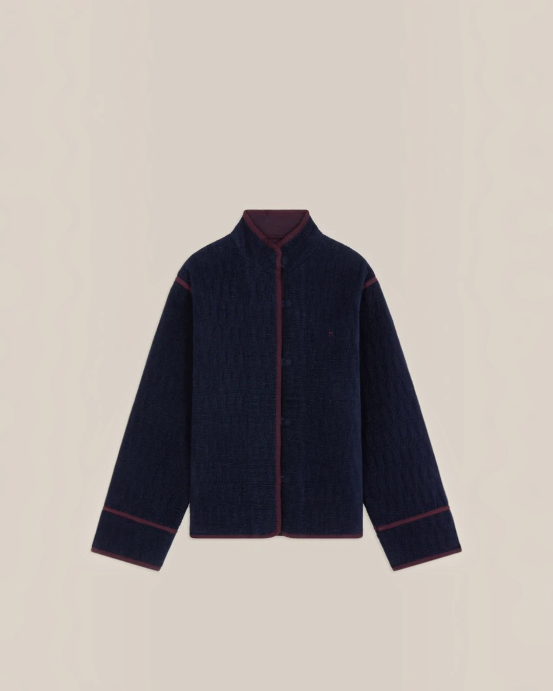 Veste Marianne Merci Paris en velours de coton bleu marine avec passepoil contrastant et boutons recouverts