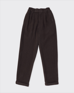 Pantalon Camp Merci Paris en laine et cachemire prune foncé avec coupe droite, pli avant et taille élastiquée au dos