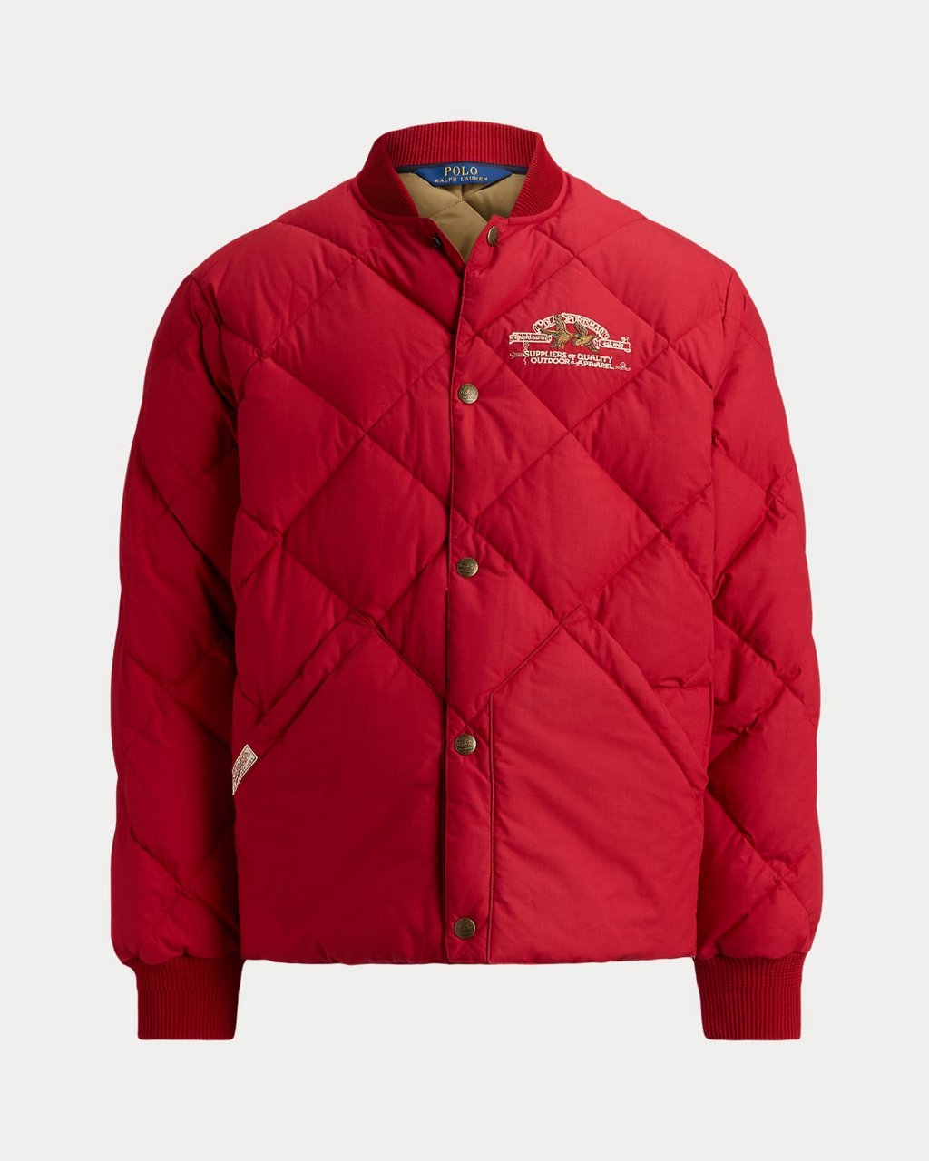 Veste matelassée Merci Paris Ralph Lauren rouge tomate avec col baseball, boutons-pression et broderie vintage